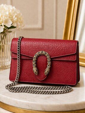 Authentic Gucci Dionysus Super Mini Red Leather Wallet on Chain WOC
